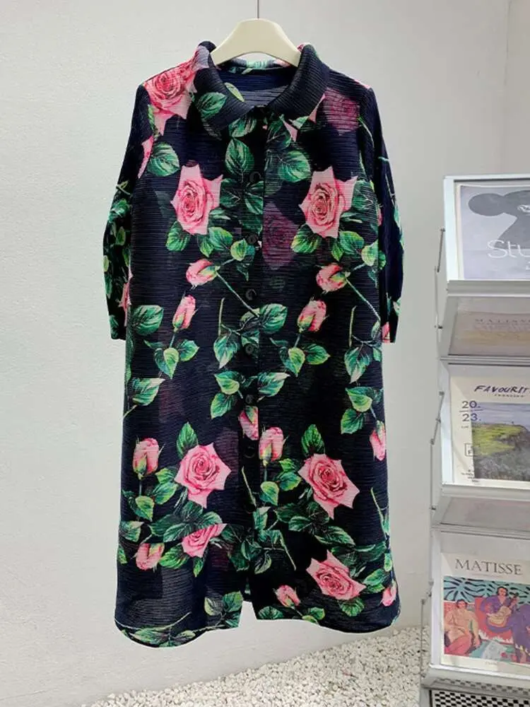 LANMREM French Flower Printing Women's Pleated Dress Fashion Three Quarter Sleeve Single Breasted Cardigan Dresses 2025 2DE165