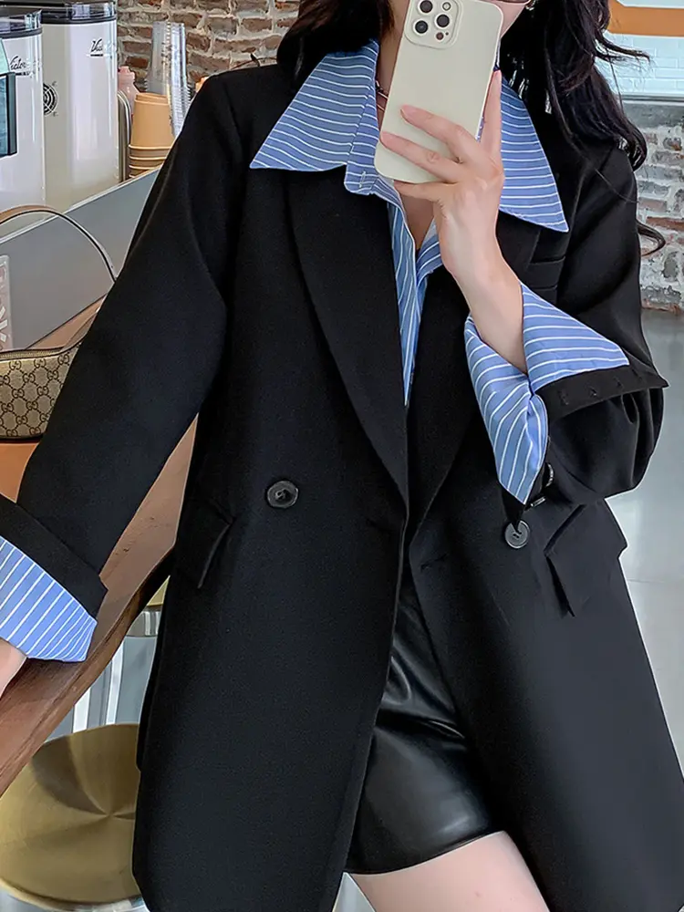 LANMREM Korean Style Women's Blazer Contrast Color Patchwork Design Double Breasted Coat Fashion 2024 Spring New 2AA4894