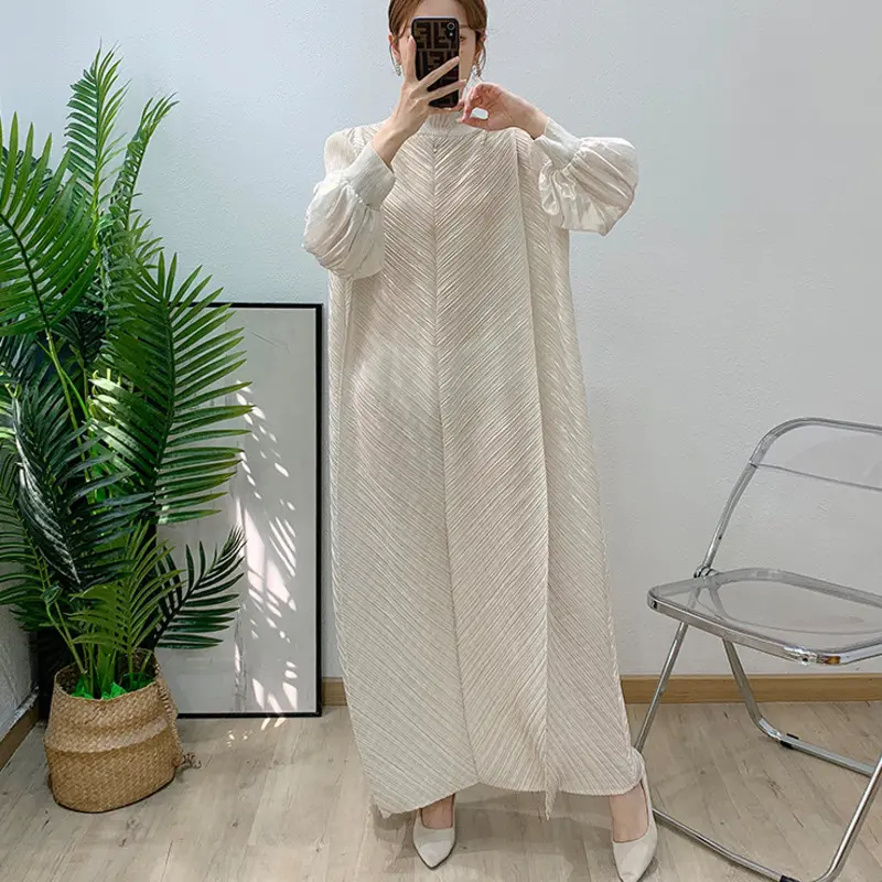 LANMREM High Quality Gold Foil Stamping Pleated Dress Women's Lantern Long Sleeved Loose Casual Long Dresses 2025 New 2DB2482