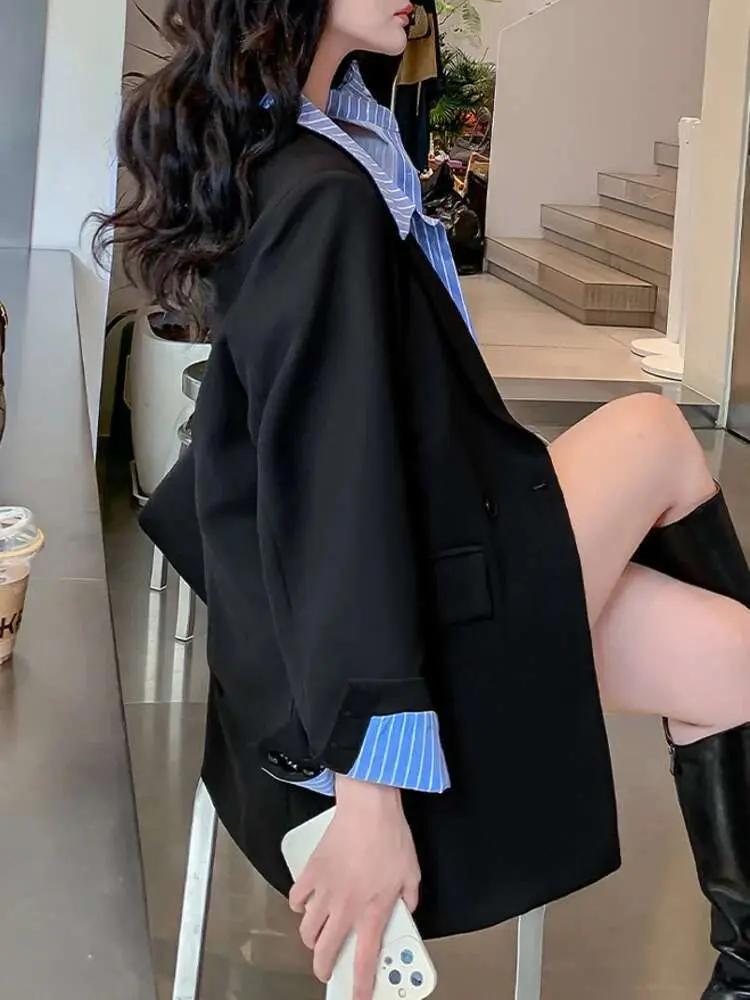 LANMREM Korean Style Women's Blazer Contrast Color Patchwork Design Double Breasted Coat Fashion 2024 Spring New 2AA4894