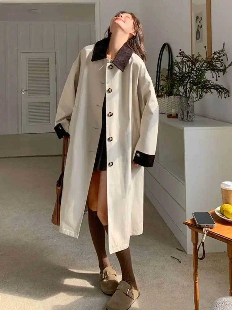 LANMREM Women Trench Coat Korean Style New Lapel Long Sleeve Loose Single Breasted Windbreaker Fashion Tide Spring 2025 2DE118