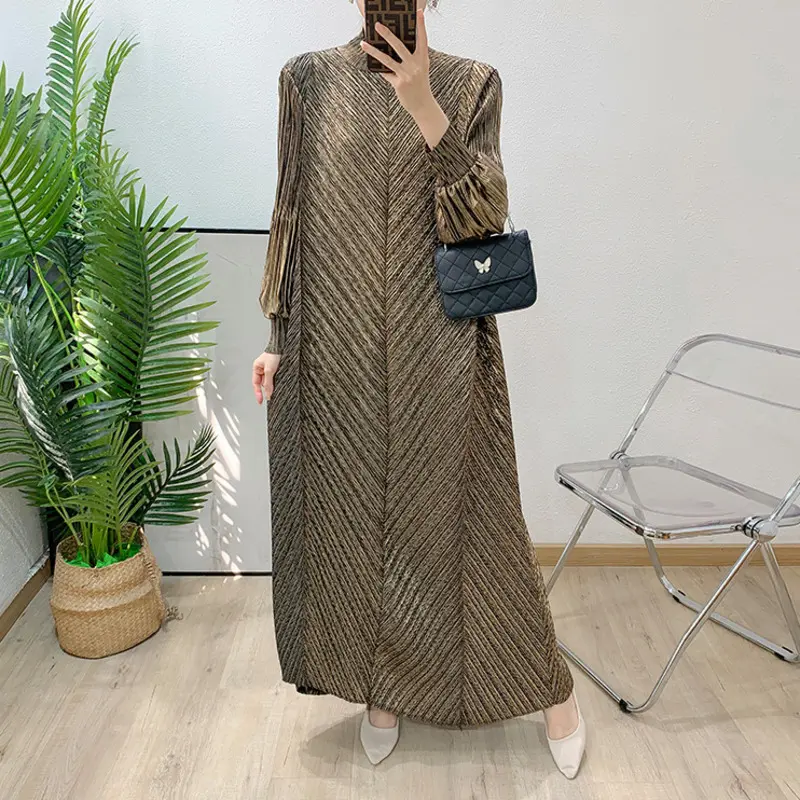 LANMREM High Quality Gold Foil Stamping Pleated Dress Women's Lantern Long Sleeved Loose Casual Long Dresses 2025 New 2DB2482
