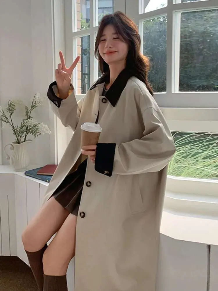 LANMREM Women Trench Coat Korean Style New Lapel Long Sleeve Loose Single Breasted Windbreaker Fashion Tide Spring 2025 2DE118