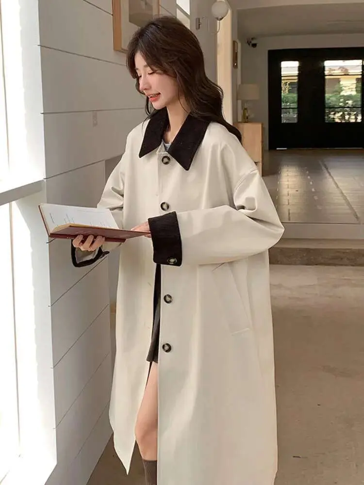 LANMREM Women Trench Coat Korean Style New Lapel Long Sleeve Loose Single Breasted Windbreaker Fashion Tide Spring 2025 2DE118