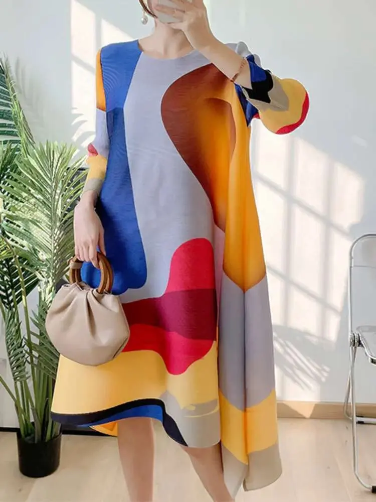 LANMREM Irregular Printing Pleated Dress Women's Round Neck Loose Contrast Color Dresses Female 2025 Spring Summer Tide 2R1504