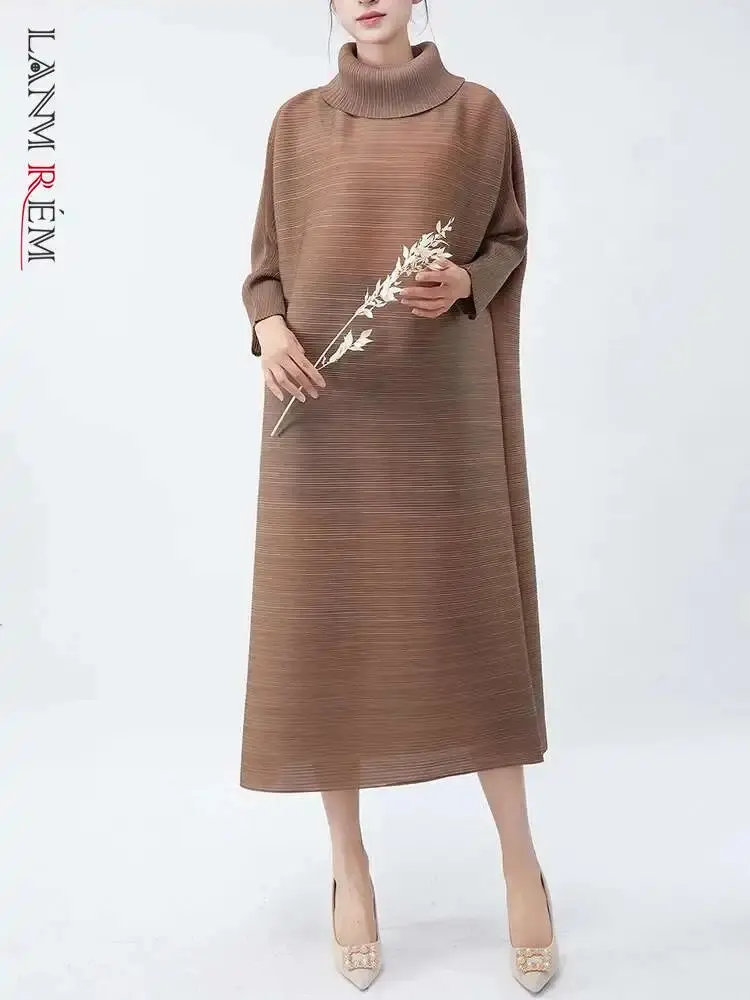 LANMREM Casual Women's Pleated Dress Full Sleeves Solid Color Lapel Big Size Loose A Line Dresses 2025 New Fashion 2DC1157