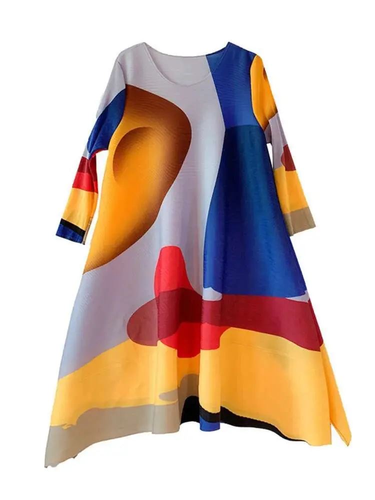 LANMREM Irregular Printing Pleated Dress Women's Round Neck Loose Contrast Color Dresses Female 2025 Spring Summer Tide 2R1504