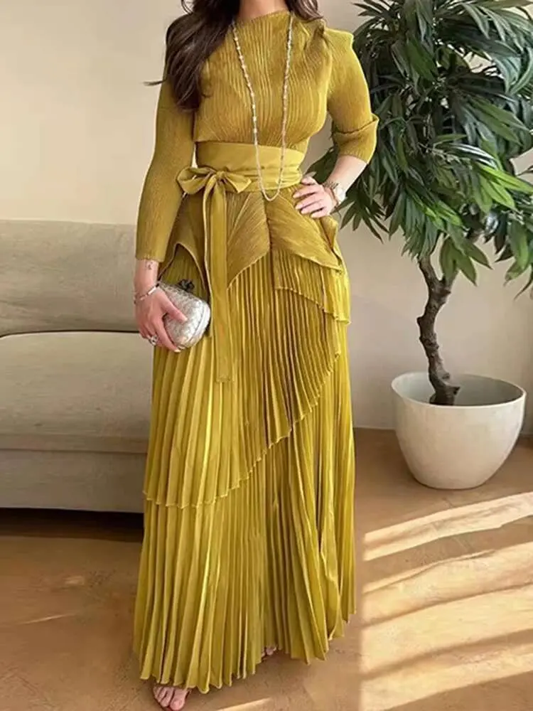 LANMREM Pleated Two-piece Set For Women Turtleneck Lace-up Gathered Waist Tops With Irregular Lantern Skirt 2024 New 2Z1926