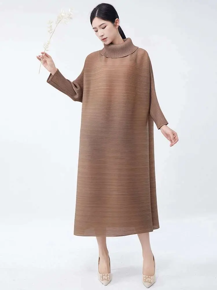 LANMREM Casual Women's Pleated Dress Full Sleeves Solid Color Lapel Big Size Loose A Line Dresses 2025 New Fashion 2DC1157