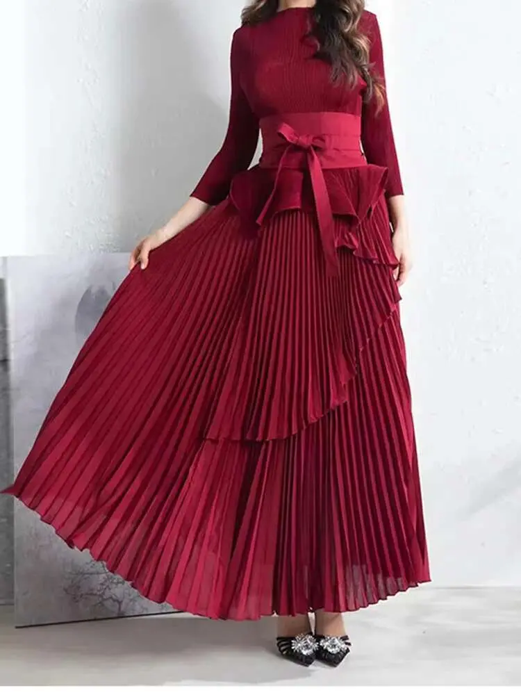 LANMREM Pleated Two-piece Set For Women Turtleneck Lace-up Gathered Waist Tops With Irregular Lantern Skirt 2024 New 2Z1926