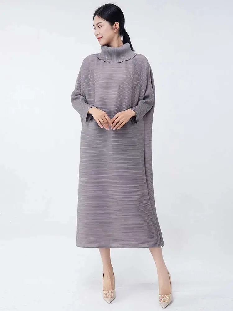LANMREM Casual Women's Pleated Dress Full Sleeves Solid Color Lapel Big Size Loose A Line Dresses 2025 New Fashion 2DC1157