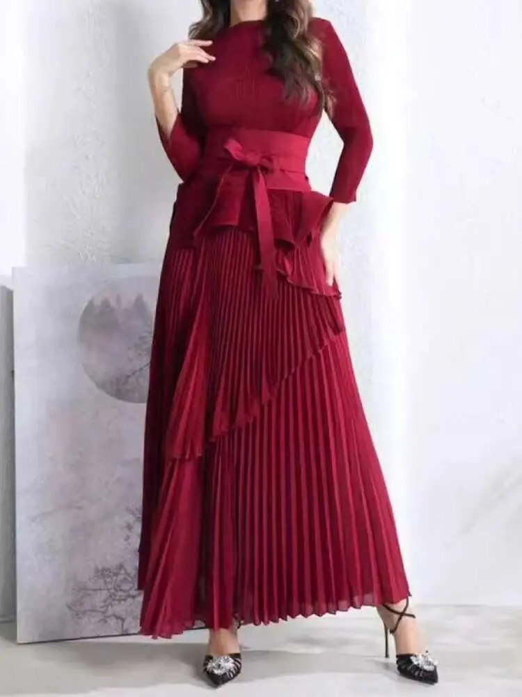 LANMREM Pleated Two-piece Set For Women Turtleneck Lace-up Gathered Waist Tops With Irregular Lantern Skirt 2024 New 2Z1926