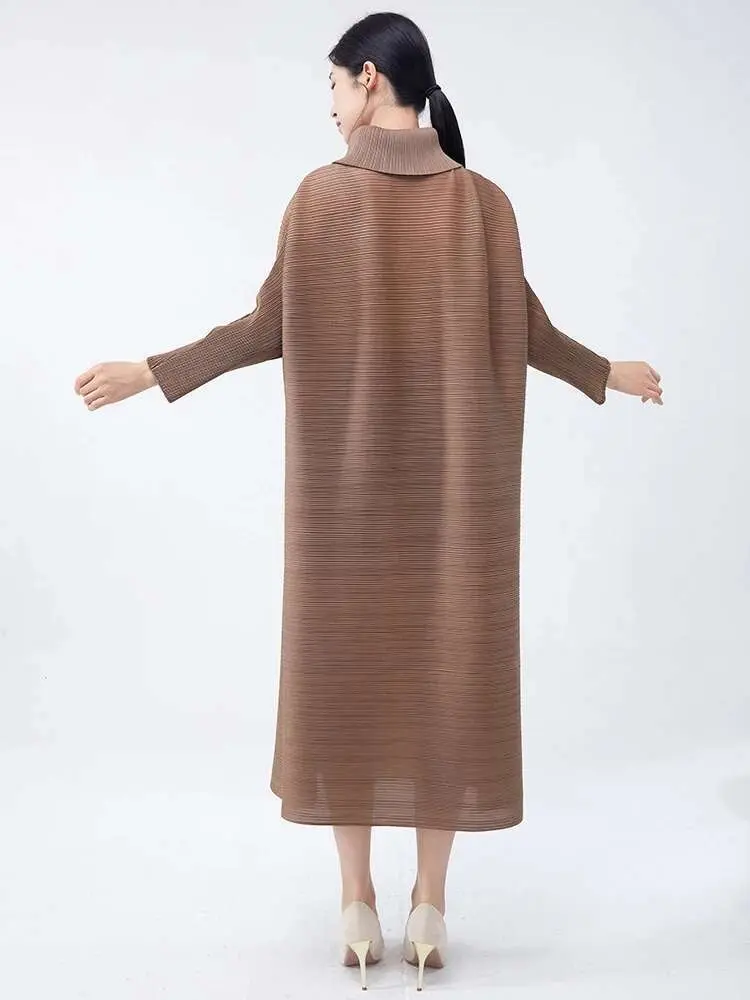 LANMREM Casual Women's Pleated Dress Full Sleeves Solid Color Lapel Big Size Loose A Line Dresses 2025 New Fashion 2DC1157