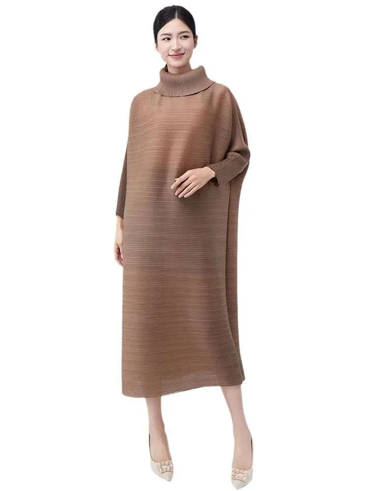 LANMREM Casual Women's Pleated Dress Full Sleeves Solid Color Lapel Big Size Loose A Line Dresses 2025 New Fashion 2DC1157