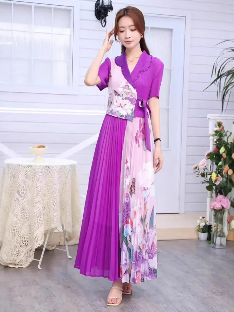 LANMREM Bandage Printting Spliced Design Women's Pleated Two Piece Set V Collar Short Sleeve Top And A-link Skirt Chic 2DB3314