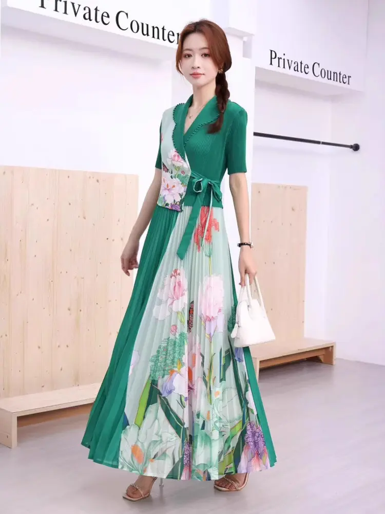 LANMREM Bandage Printting Spliced Design Women's Pleated Two Piece Set V Collar Short Sleeve Top And A-link Skirt Chic 2DB3314