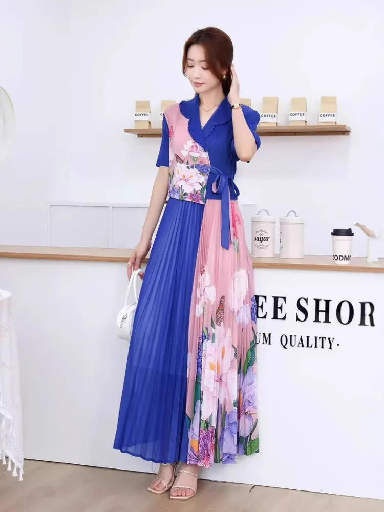 LANMREM Bandage Printting Spliced Design Women's Pleated Two Piece Set V Collar Short Sleeve Top And A-link Skirt Chic 2DB3314