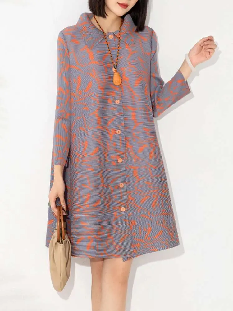 LANMREM Elegant Printing Pleated Dress Women Lapel Single Breasted Mid Length Dresses Fashion Party 2025 Spring New 2AA1888
