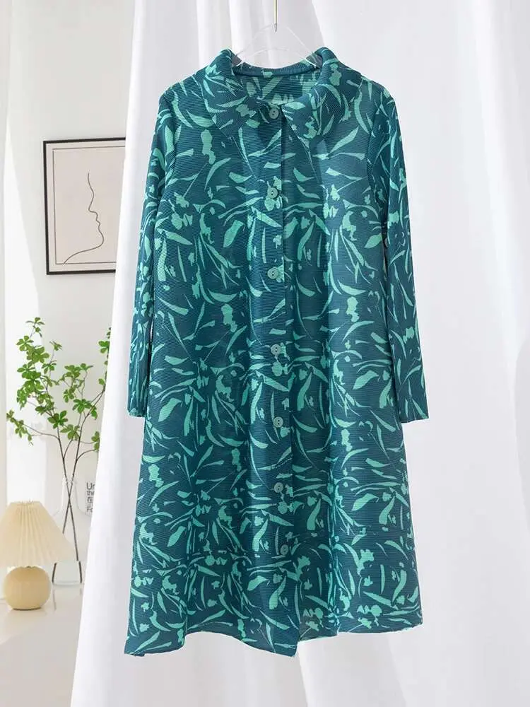 LANMREM Elegant Printing Pleated Dress Women Lapel Single Breasted Mid Length Dresses Fashion Party 2025 Spring New 2AA1888