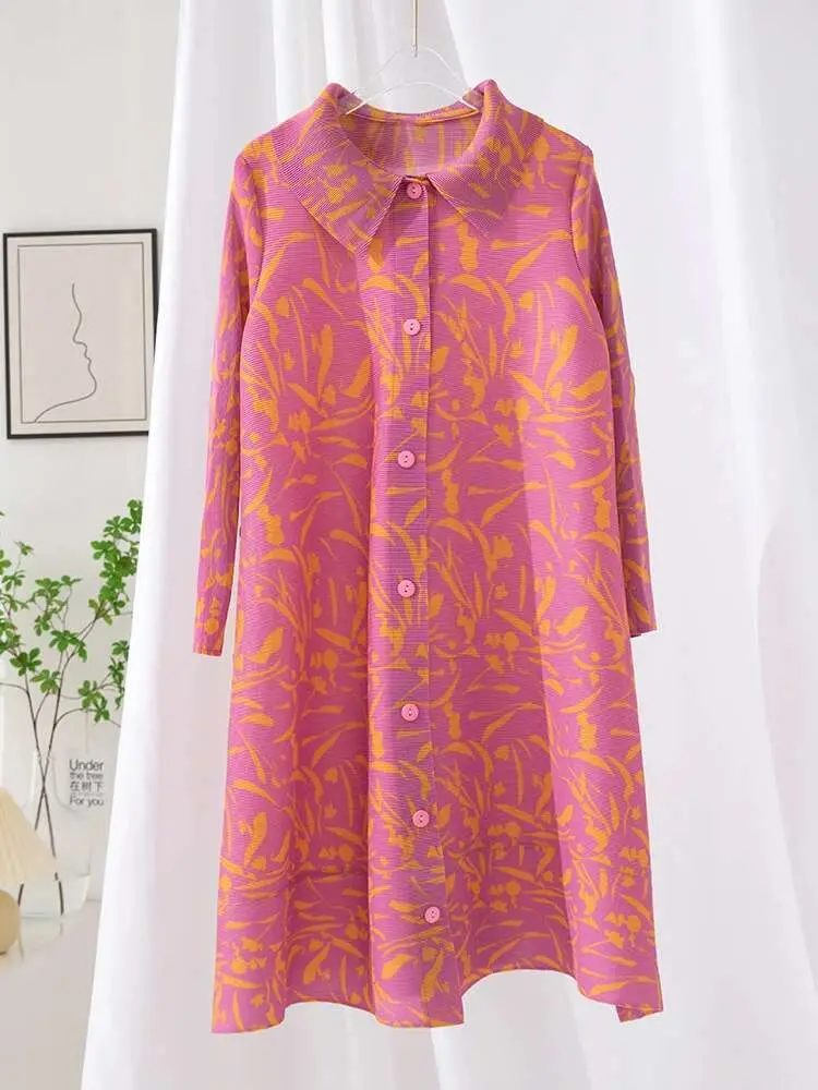 LANMREM Elegant Printing Pleated Dress Women Lapel Single Breasted Mid Length Dresses Fashion Party 2025 Spring New 2AA1888