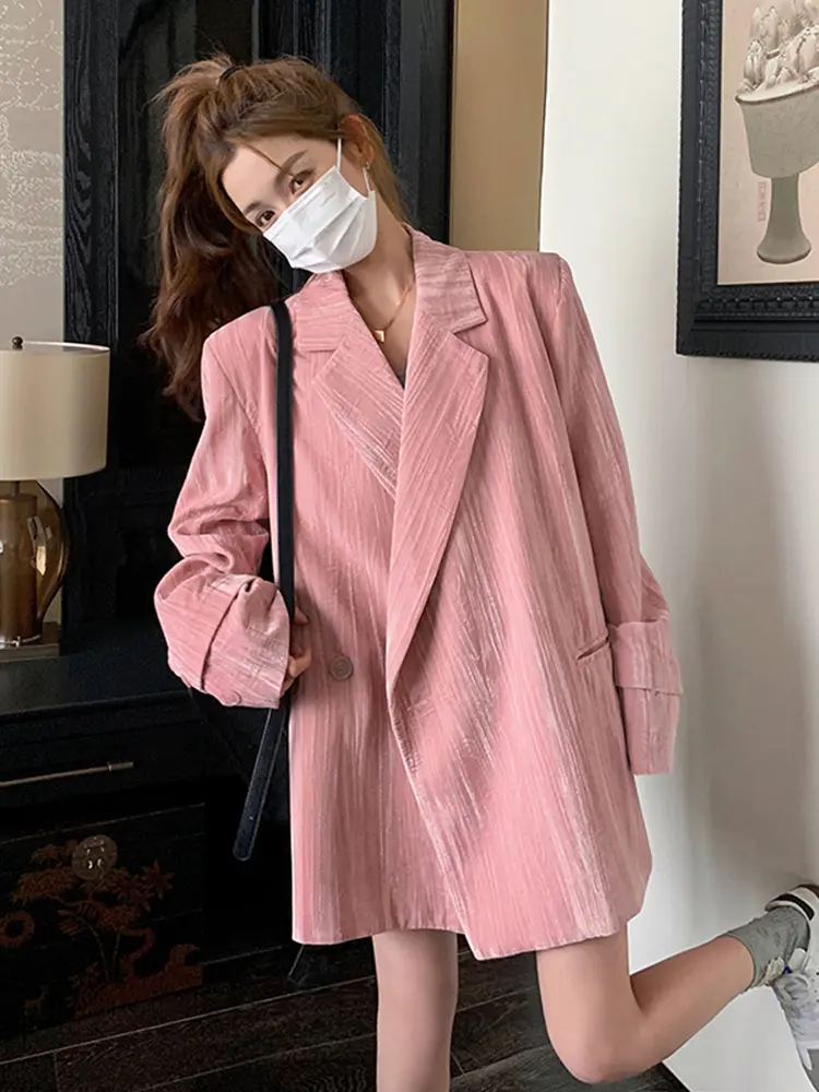LANMREM Pink Blazers For Women Notched Long Sleeves Loose Big Size Female Korean Chic Coat 2024 Spring Autumn New 2DA3936