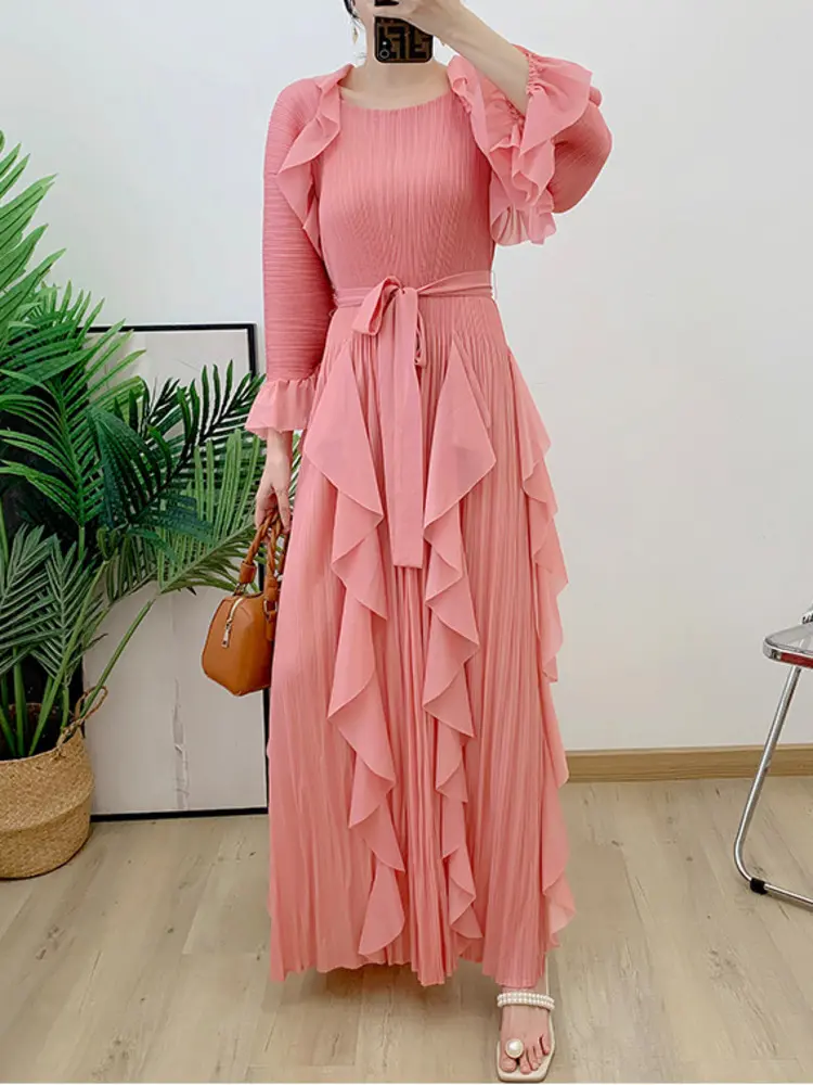 LANMREM Fashion Ruffles Pleated Dress Women Round Neck Flare Sleeves Solid Maxi Belt Dresses Party 2025 Spring New 2AA1502