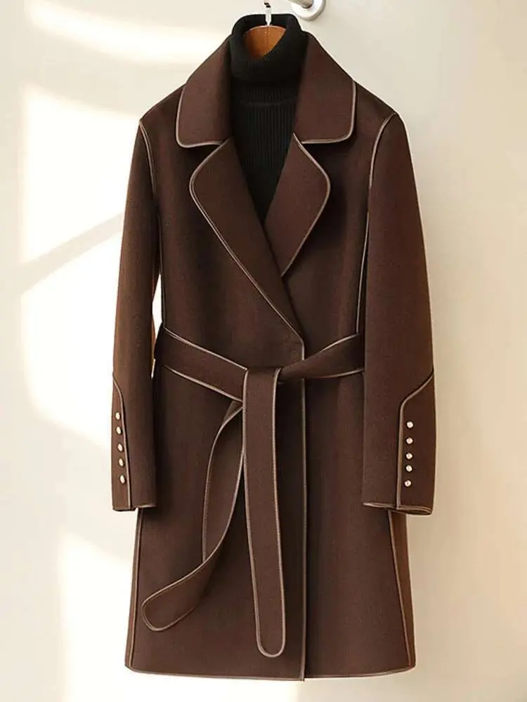 LANMREM 2023 Winter New Wool Coats For Women Lapel Long Sleeves Belt Coats Office Lady Fashion Streetwear Clothing 2DA2615