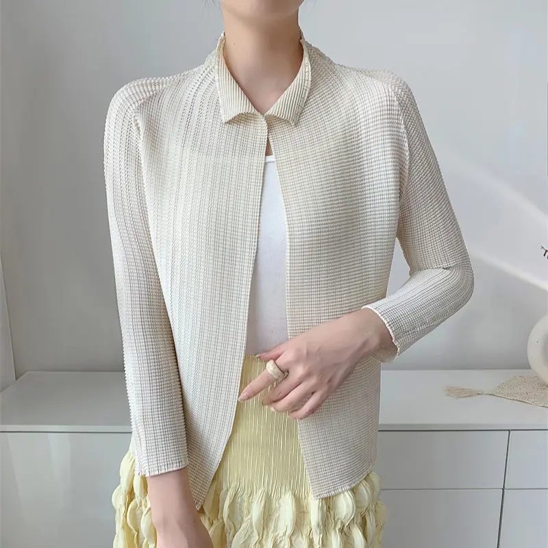 LANMREM Yellow High-End Pleated Women's Elastic Slim Cardigan Coat 2025 Autumn Outerwear Stand Collar Jacket 2DB3894