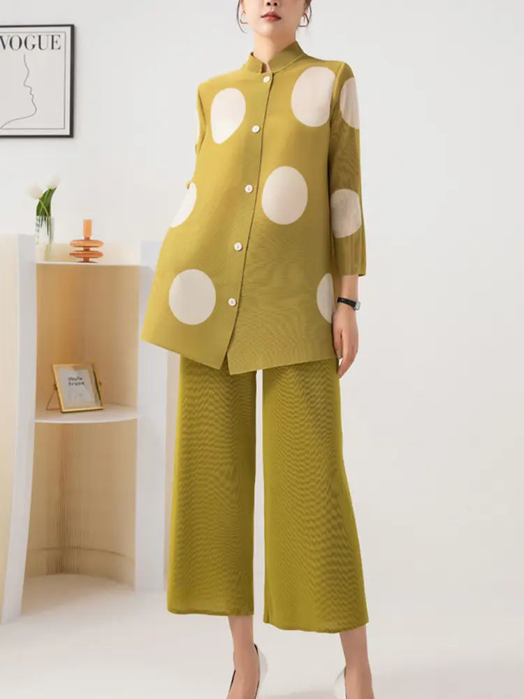 LANMREM Pleated Women's Two Pieces Set 2025 New Fashion Dot Print Single Breasted Top Straight Leg Wide Leg Pants Sets 2DB3174