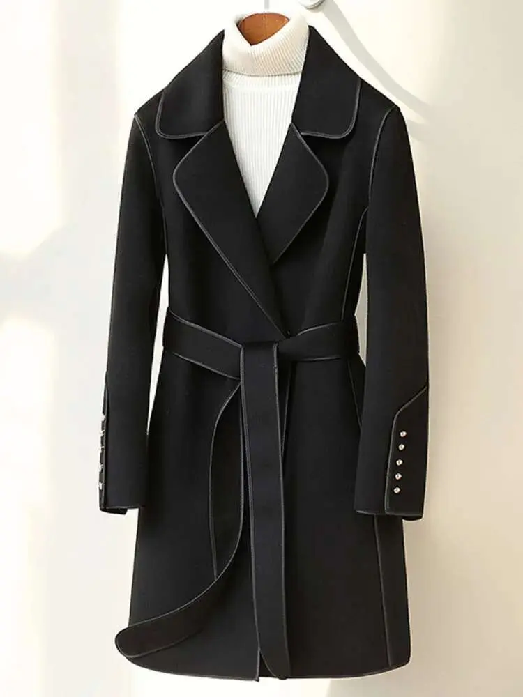 LANMREM 2023 Winter New Wool Coats For Women Lapel Long Sleeves Belt Coats Office Lady Fashion Streetwear Clothing 2DA2615