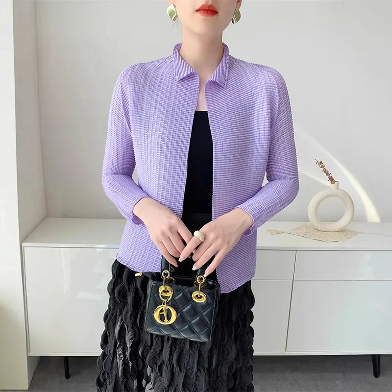 LANMREM Yellow High-End Pleated Women's Elastic Slim Cardigan Coat 2025 Autumn Outerwear Stand Collar Jacket 2DB3894