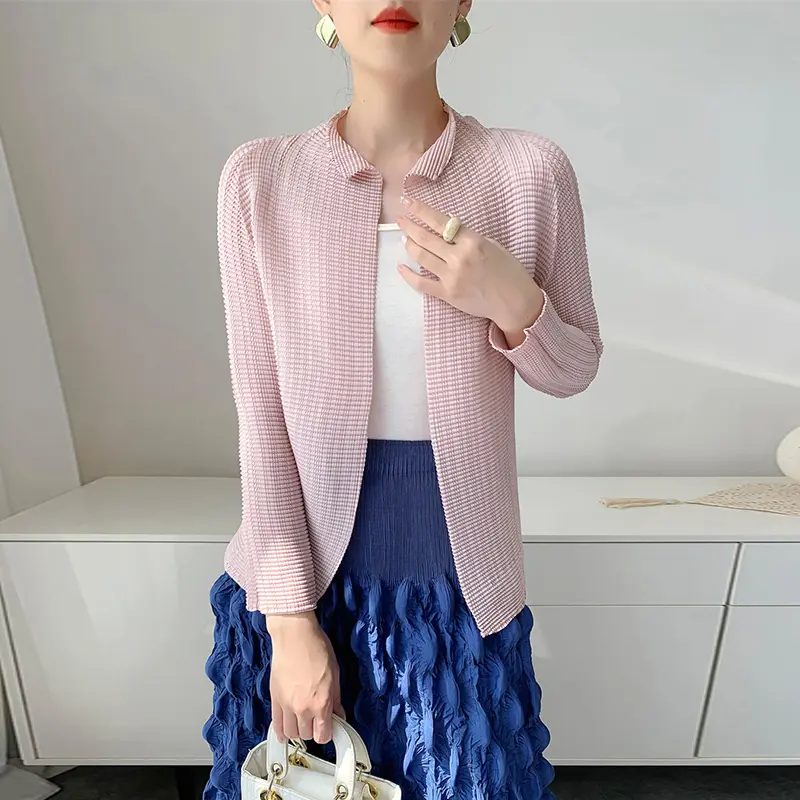 LANMREM Yellow High-End Pleated Women's Elastic Slim Cardigan Coat 2025 Autumn Outerwear Stand Collar Jacket 2DB3894
