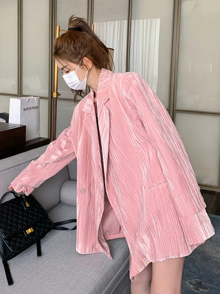 LANMREM Pink Blazers For Women Notched Long Sleeves Loose Big Size Female Korean Chic Coat 2024 Spring Autumn New 2DA3936