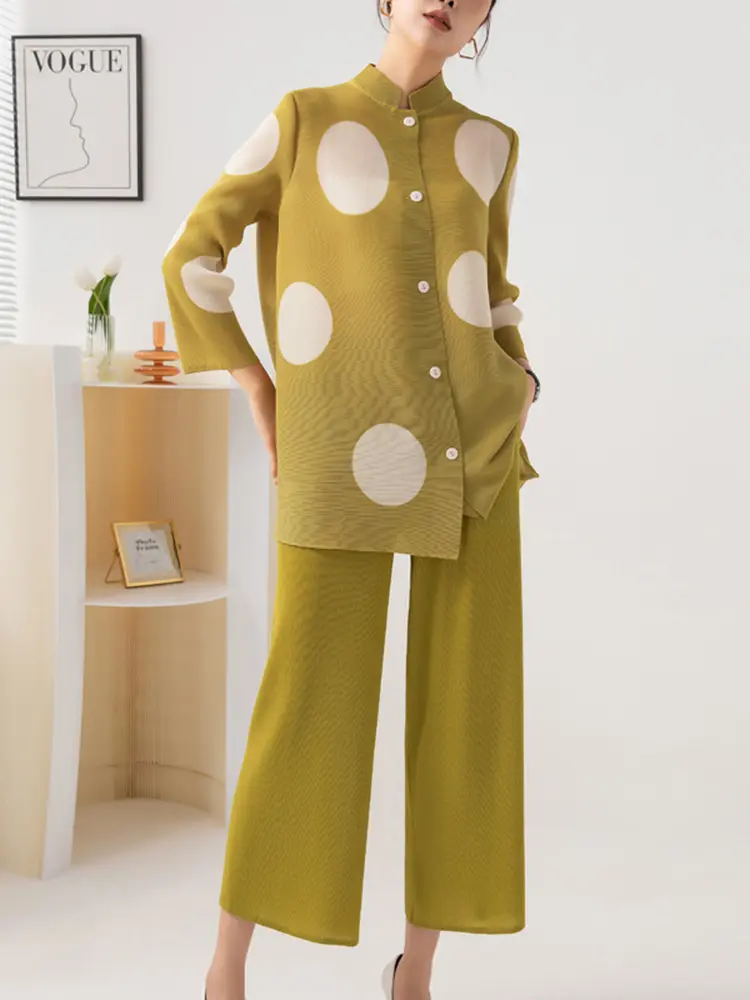 LANMREM Pleated Women's Two Pieces Set 2025 New Fashion Dot Print Single Breasted Top Straight Leg Wide Leg Pants Sets 2DB3174