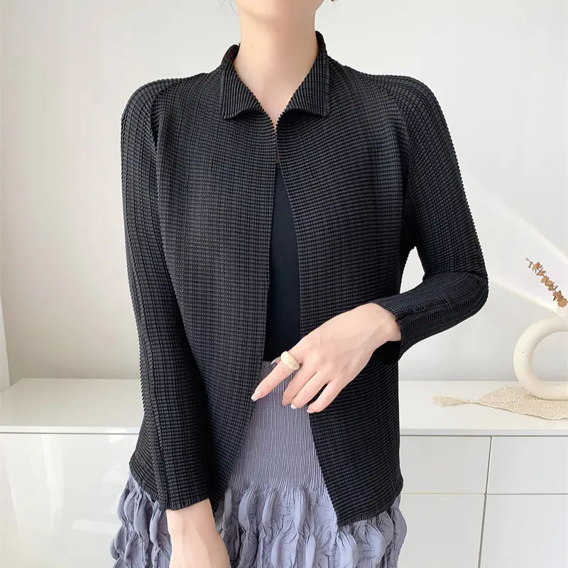 LANMREM Yellow High-End Pleated Women's Elastic Slim Cardigan Coat 2025 Autumn Outerwear Stand Collar Jacket 2DB3894