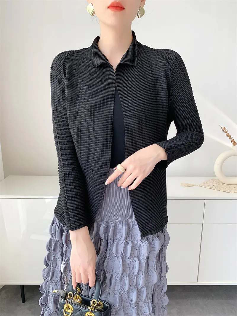 LANMREM Yellow High-End Pleated Women's Elastic Slim Cardigan Coat 2025 Autumn Outerwear Stand Collar Jacket 2DB3894