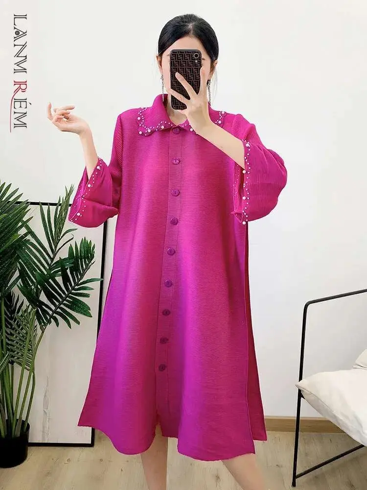 LANMREM Pearl Spliced Pleated Dress Lapel Flare Sleeve Single Breasted Dresses Elegant Loose 2025 New Spring Clothing 2Q1153