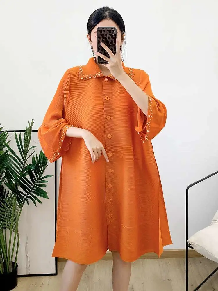LANMREM Pearl Spliced Pleated Dress Lapel Flare Sleeve Single Breasted Dresses Elegant Loose 2025 New Spring Clothing 2Q1153