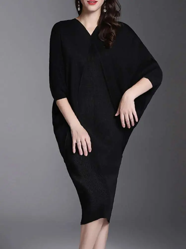 LANMREM Women Dress Round Neck Three Quarter Batwing Sleeves Dresses Loose  Pleated Fashion 2025 2H236