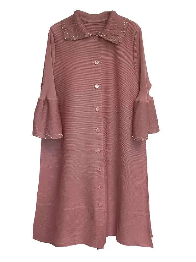 LANMREM Pearl Spliced Pleated Dress Lapel Flare Sleeve Single Breasted Dresses Elegant Loose 2025 New Spring Clothing 2Q1153