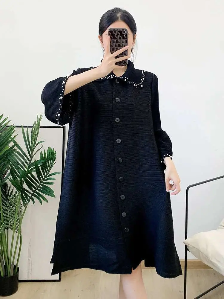 LANMREM Pearl Spliced Pleated Dress Lapel Flare Sleeve Single Breasted Dresses Elegant Loose 2025 New Spring Clothing 2Q1153