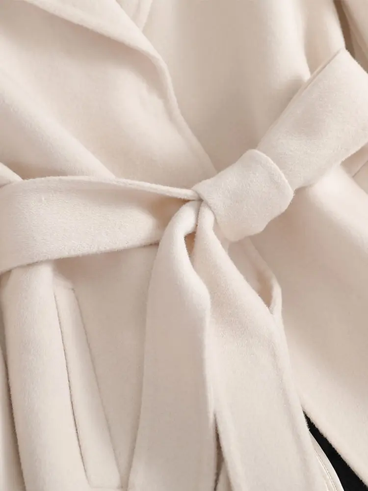 LANMREM High End Wool Long Coat Women Notched Collar Solid Color Belt Gathered Waist Clothing Fashion 2023 Winter New 2AA4334