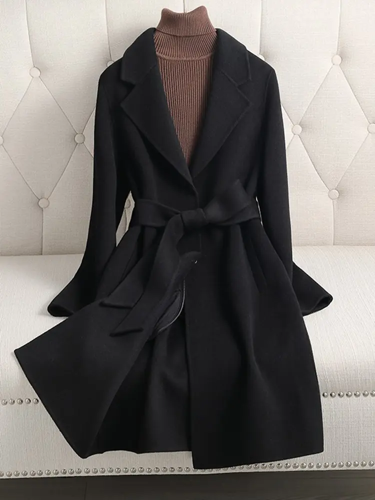 LANMREM High End Wool Long Coat Women Notched Collar Solid Color Belt Gathered Waist Clothing Fashion 2023 Winter New 2AA4334