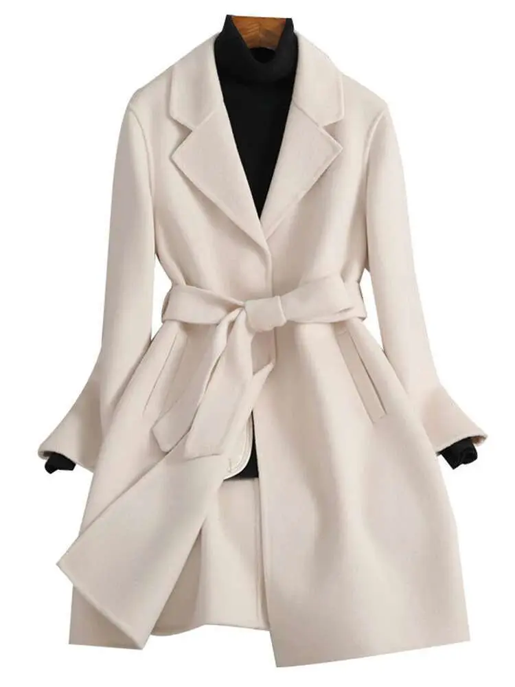 LANMREM High End Wool Long Coat Women Notched Collar Solid Color Belt Gathered Waist Clothing Fashion 2023 Winter New 2AA4334