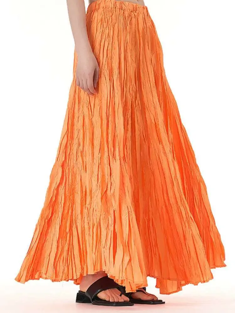 LANMREM Pleated Long Skirts For Women Elastic Waist Solid Color Large Hem Female Party Clothing 2024 Summer New 2DA6542