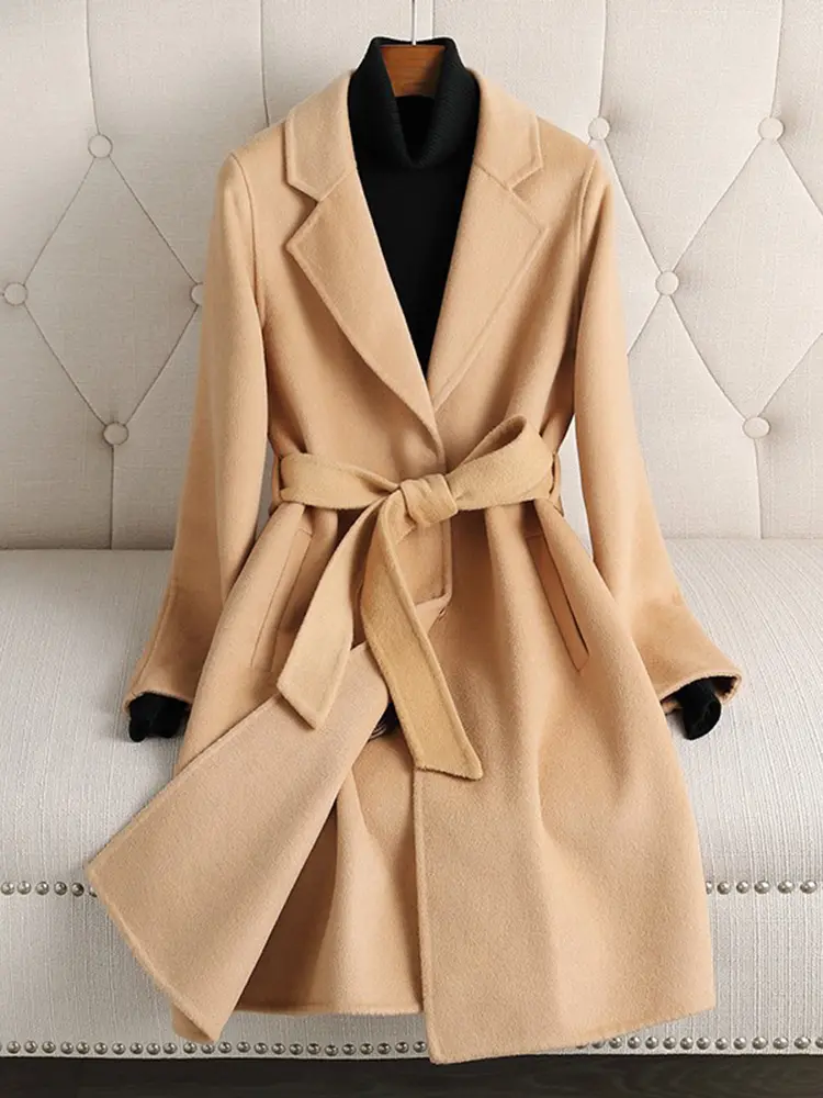LANMREM High End Wool Long Coat Women Notched Collar Solid Color Belt Gathered Waist Clothing Fashion 2023 Winter New 2AA4334