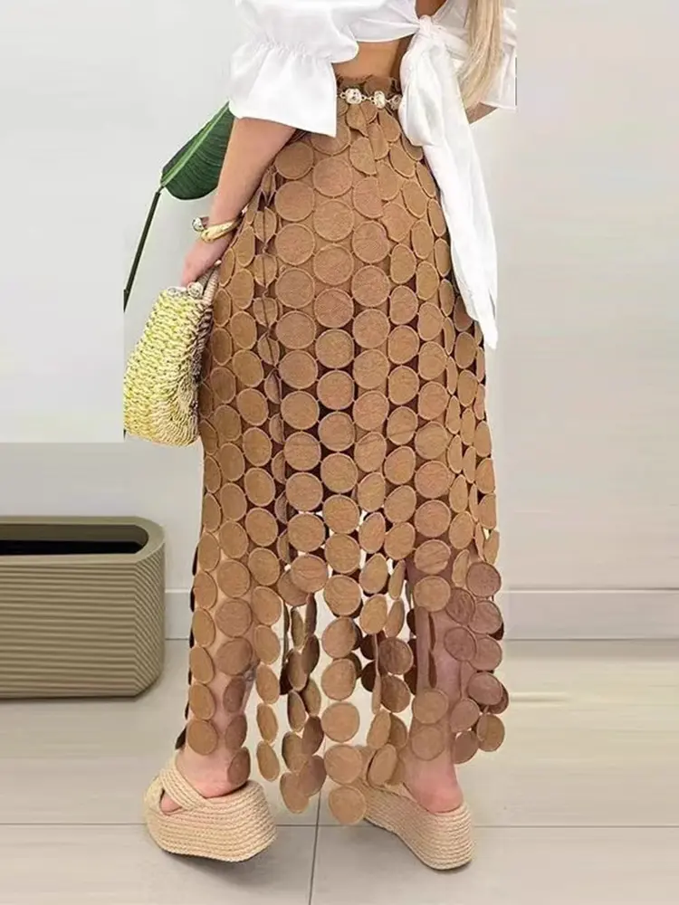 LANMREM Hollow Out Polka Dot Tassel Midi Skirt Women Summer French Style High Waist Slimming Long A-Line Skirts 2DM1099