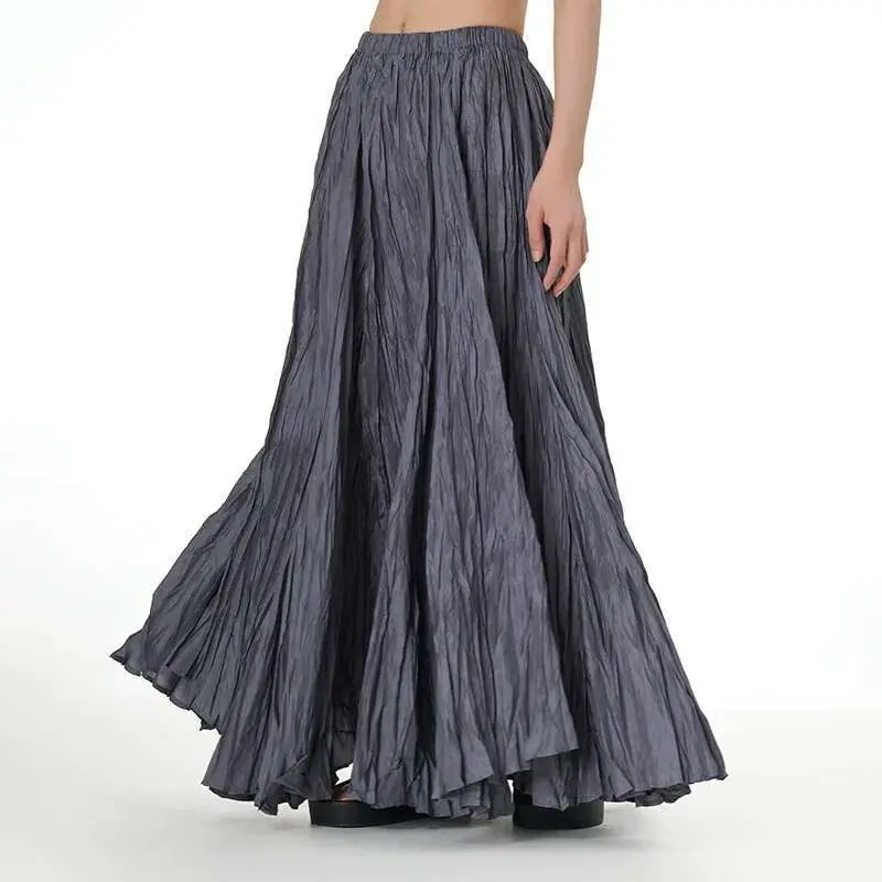 LANMREM Pleated Long Skirts For Women Elastic Waist Solid Color Large Hem Female Party Clothing 2024 Summer New 2DA6542