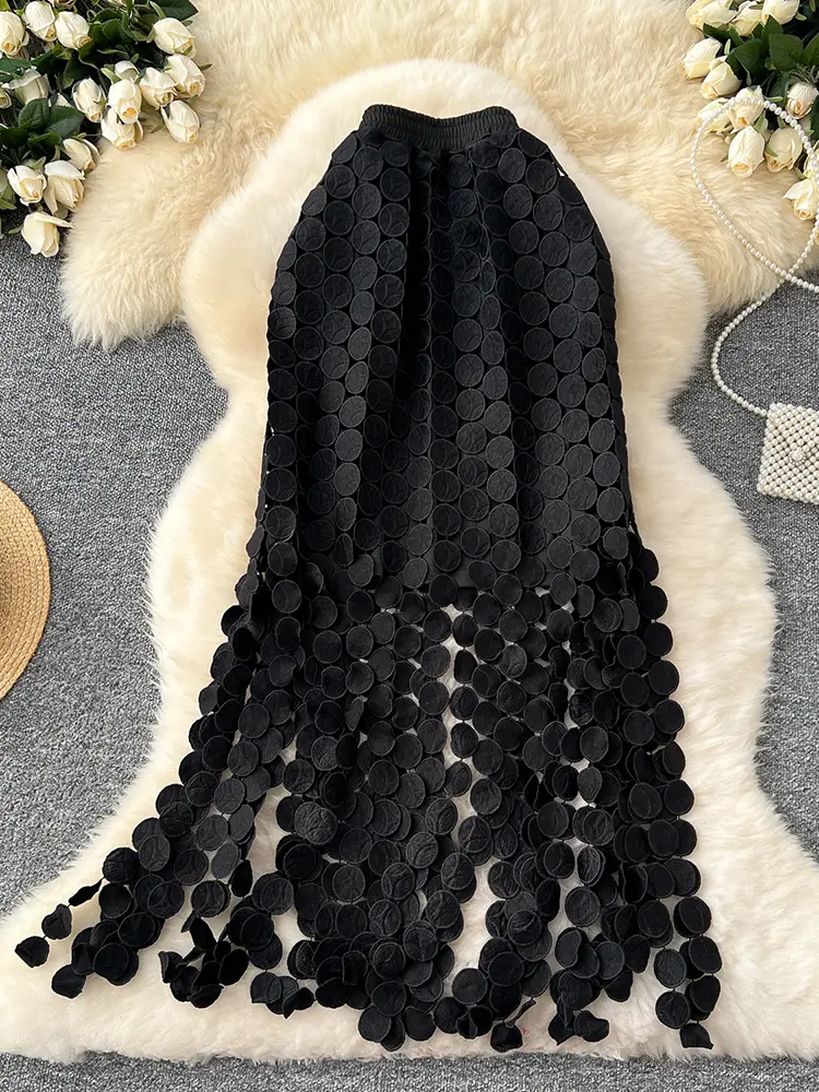 LANMREM Hollow Out Polka Dot Tassel Midi Skirt Women Summer French Style High Waist Slimming Long A-Line Skirts 2DM1099