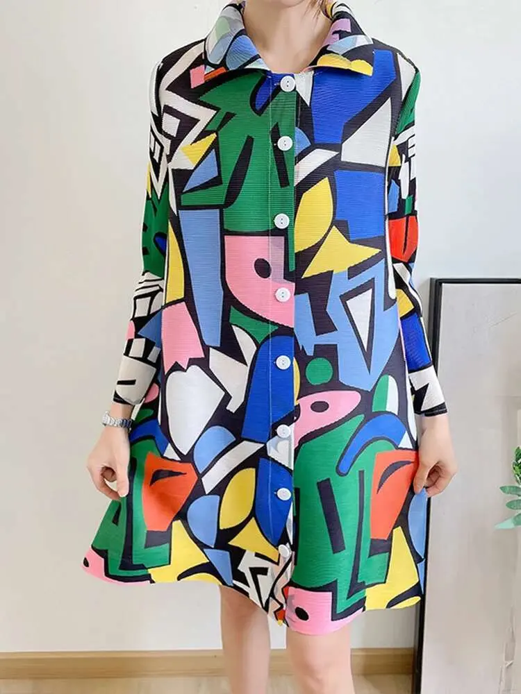 LANMREM Graffiti Pleated Dress For Women Contrast Color Lapel Single Breasted Long Sleeves Dresses Female 2023 Summer New 2R1194